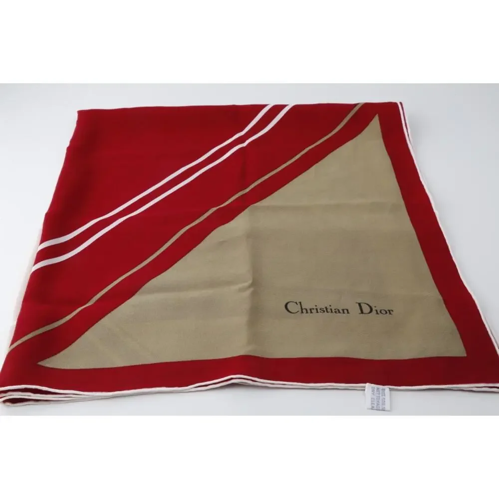 Vintage Christian Dior Silk Square Scarf Beige Tan Red Border White Stripe Logo